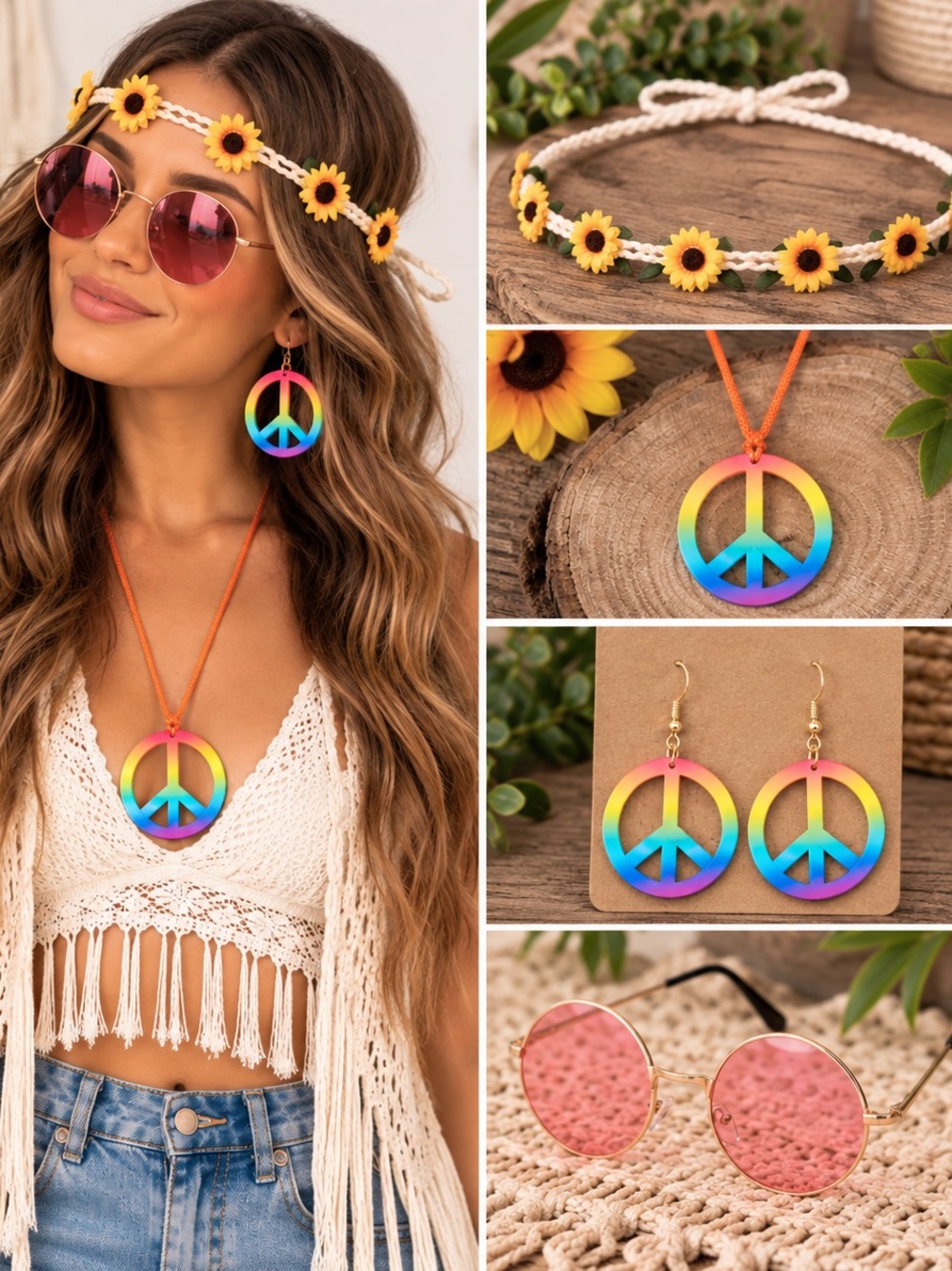 🌼 4-PIECE 60s/70s HIPPIE COSTUME ACCESSORY SET ☮️